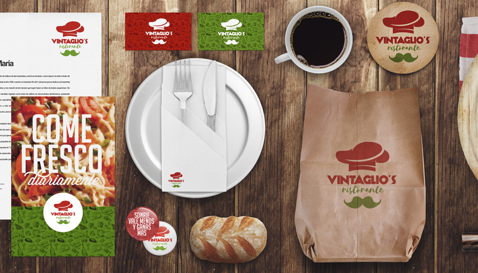 Diseño de marca VIntaglio restaurante italiano con productos ecológicos